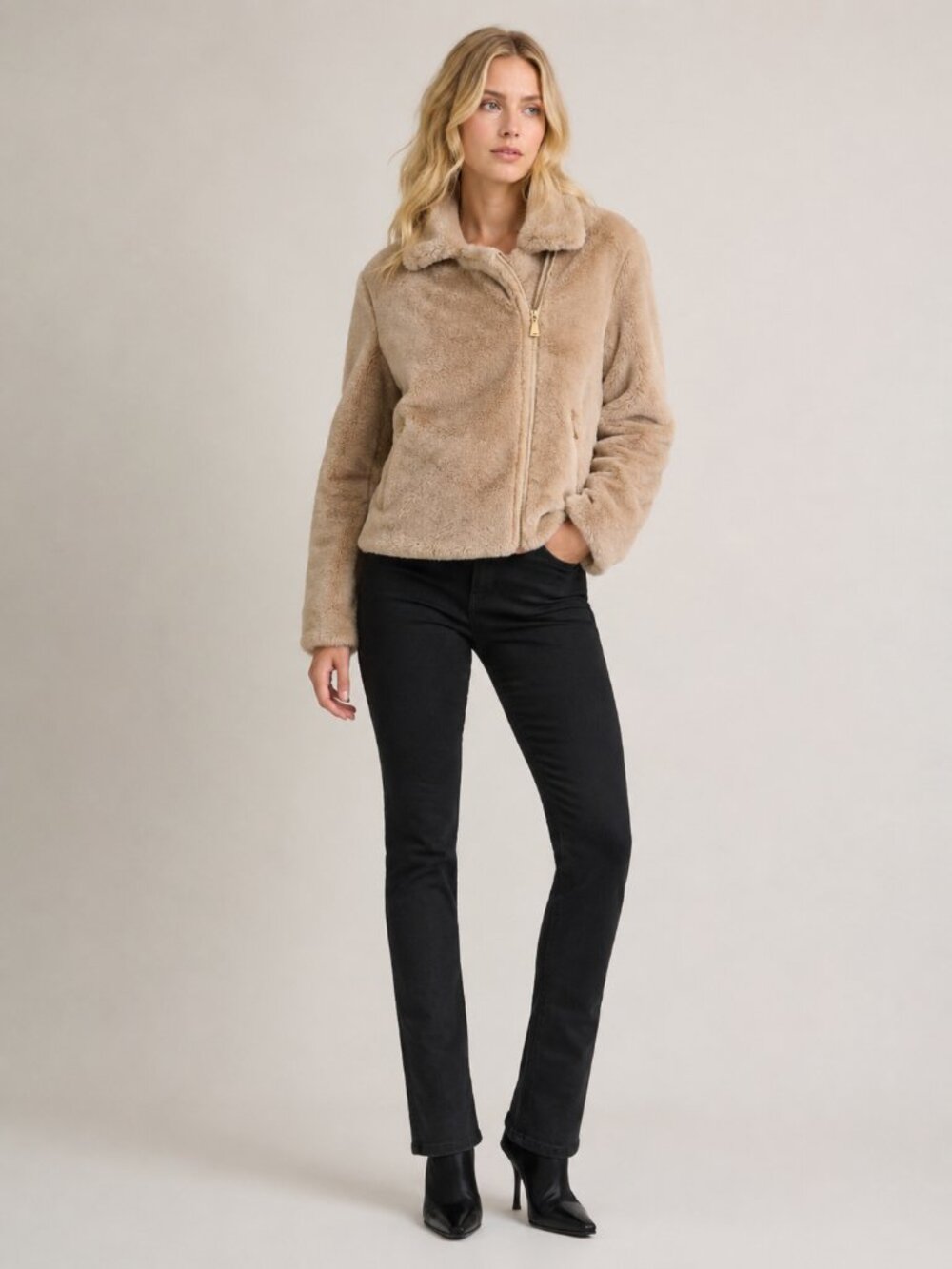GUESS Faux-Fur Teddy Moto Jacket Asymmetric Front Zipper Khaki Small #A4028